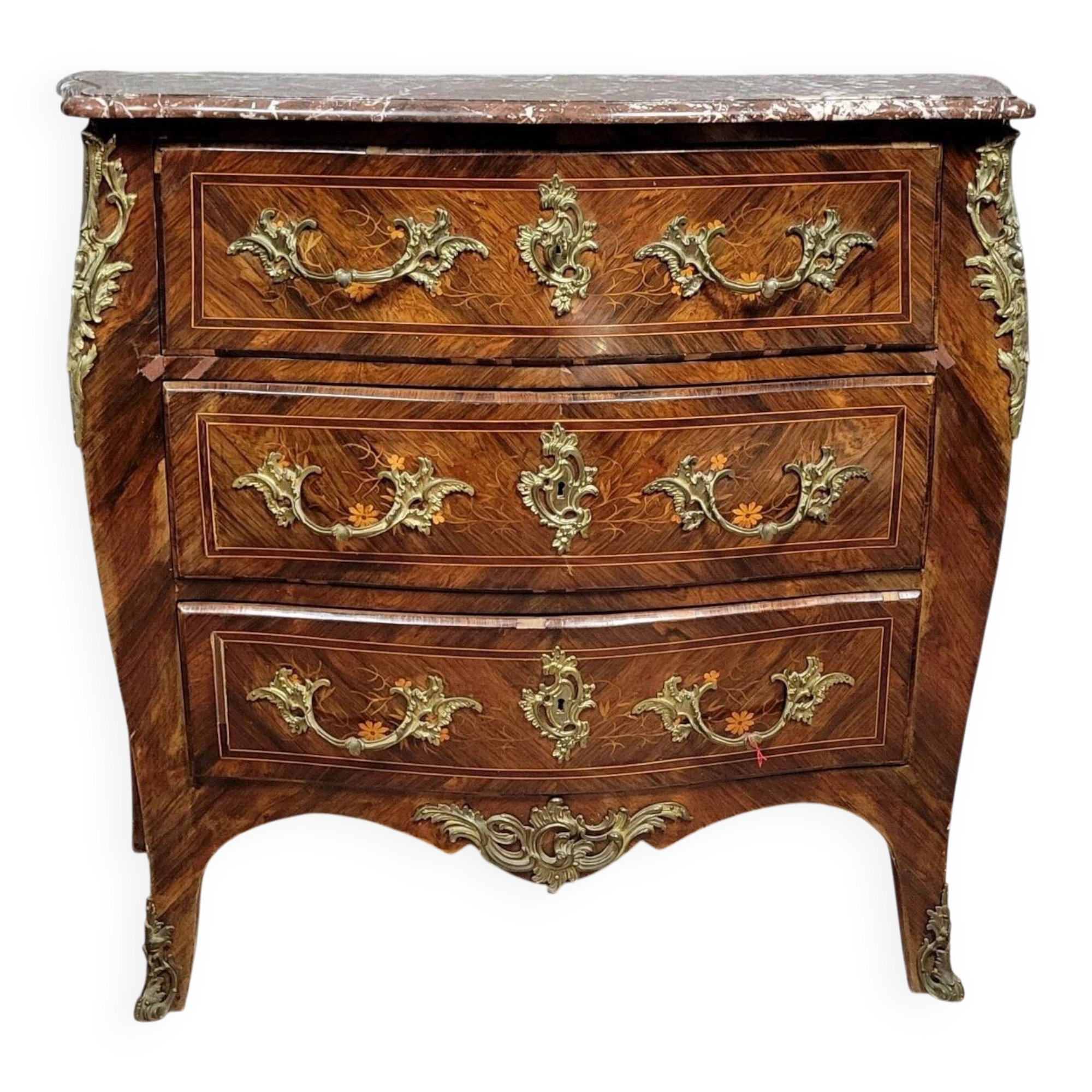 Commode galbée Style Louis XV en marquéterie vers 1850