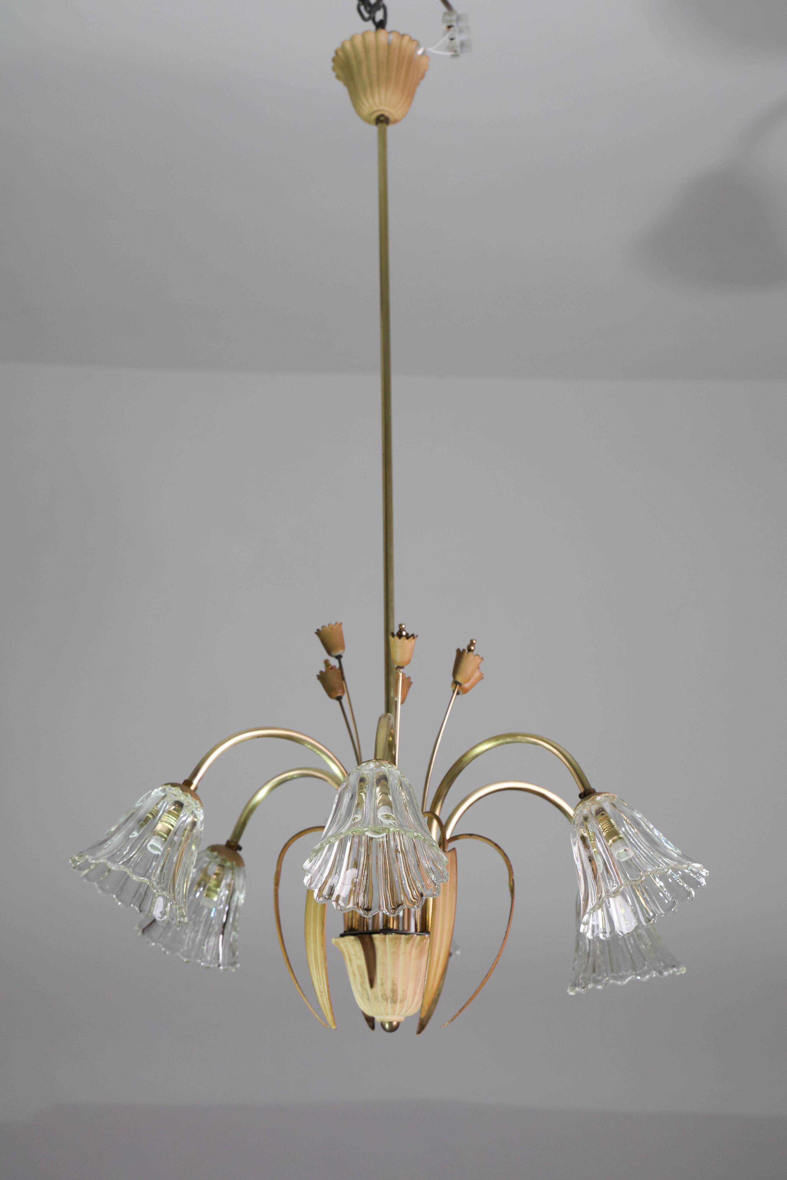 Art Deco Murano Glass and Brass Chandelier, 6 light, 1950