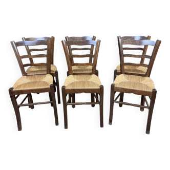 Set of 6 rustic beech chairs with straw seats, late 19th century