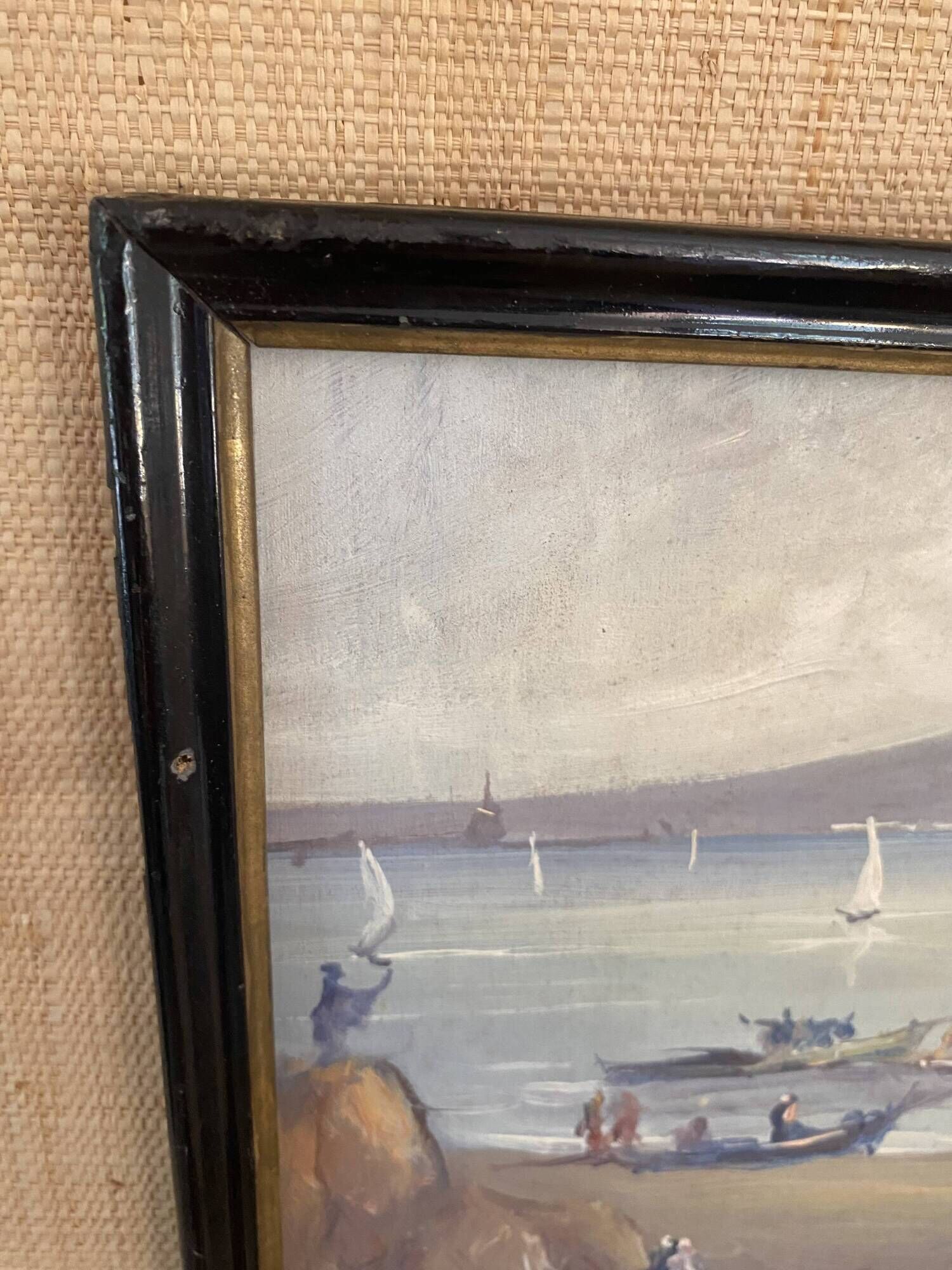 Oil painting "Fishermen of Sicily" 1960, Napoleon III frame