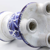 Triple candle holder in Biot earthenware with blue flower patterns