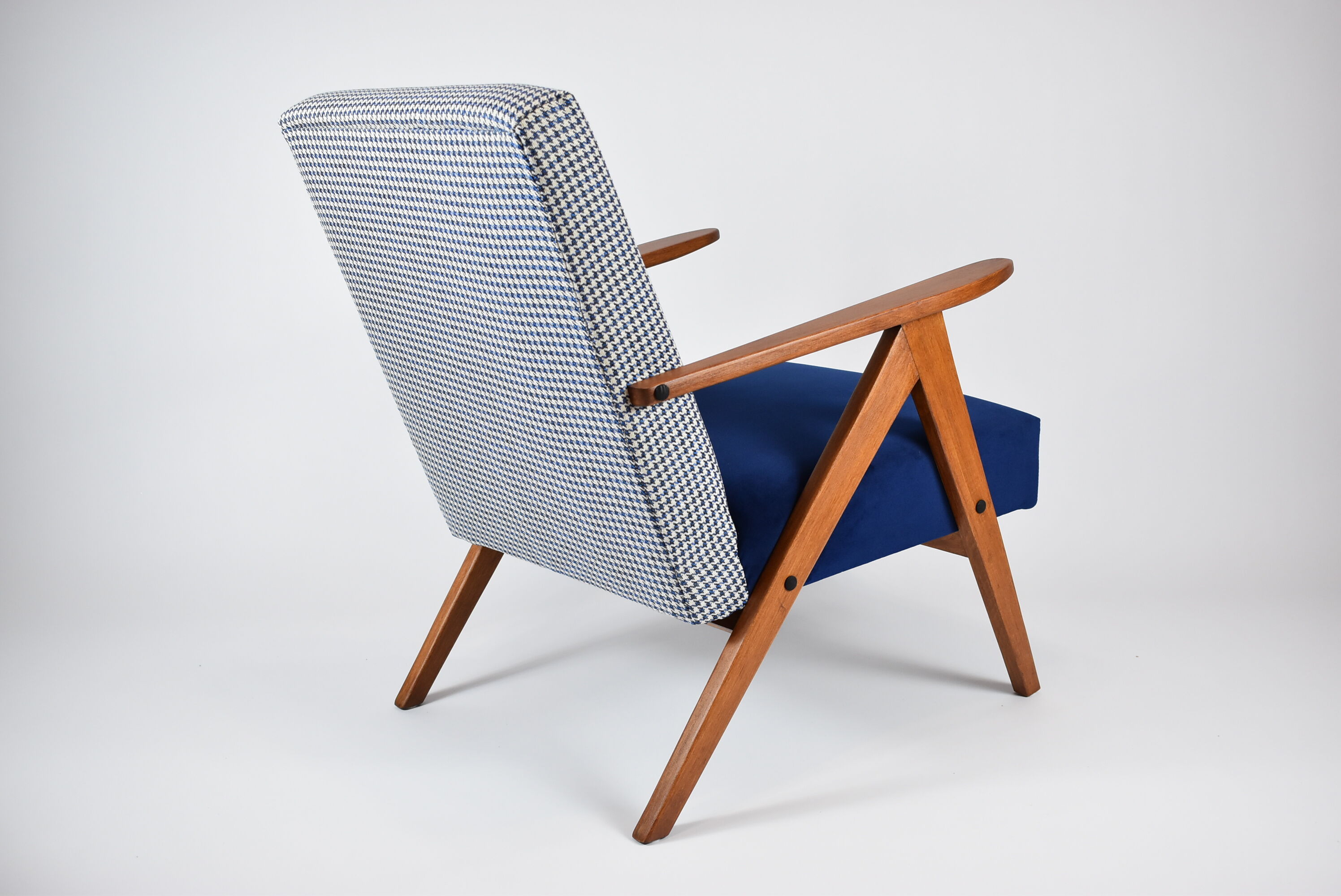 Original armchair compas, pied de poule, blue velvet, 1960s, restored