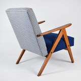 Original armchair compas, pied de poule, blue velvet, 1960s, restored