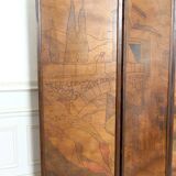 Pyrographed Screen, Mediterranean Medieval Town, Art Nouveau/Deco, 1930