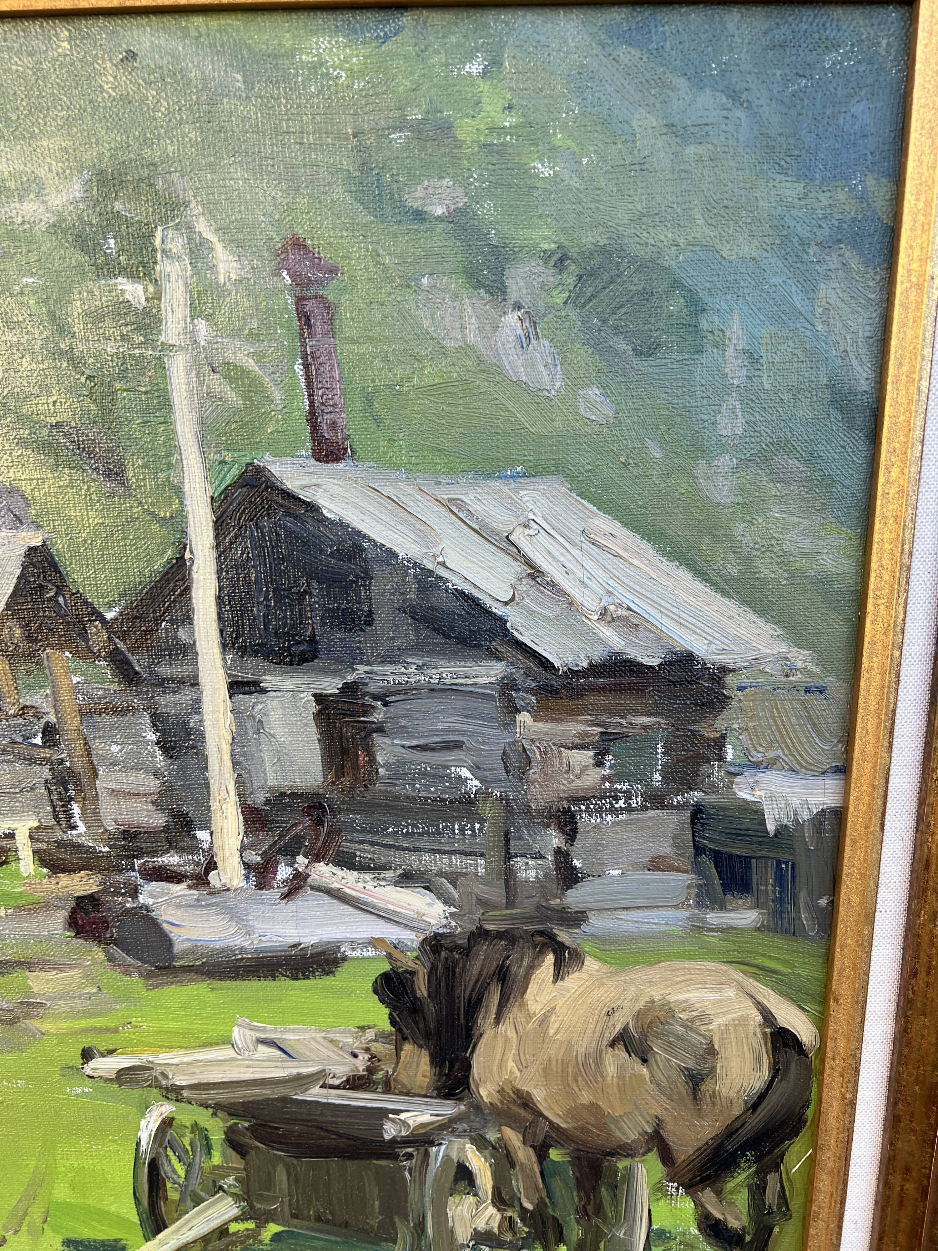 Oil-on-canvas painting The Blacksmith's Workshop 1956 signed by Fomine