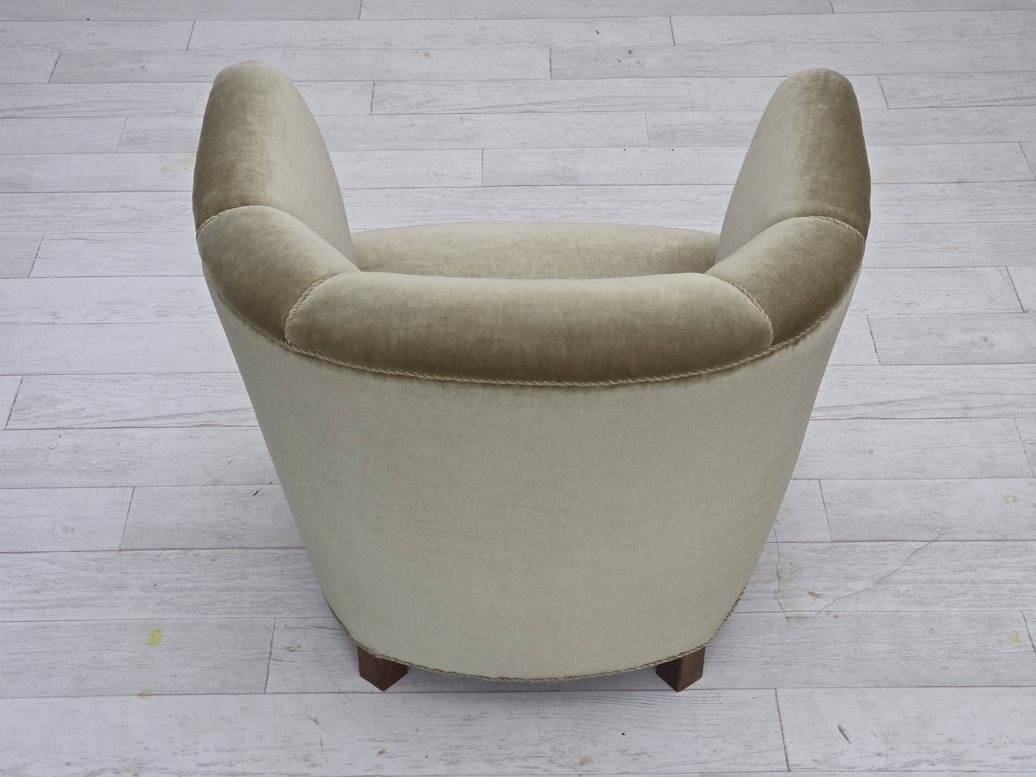 1970s, Danish armchair, original green furniture velour, oak wood.