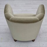 1970s, Danish armchair, original green furniture velour, oak wood.