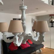 White painted wooden chandelier with 5 arms and lampshade