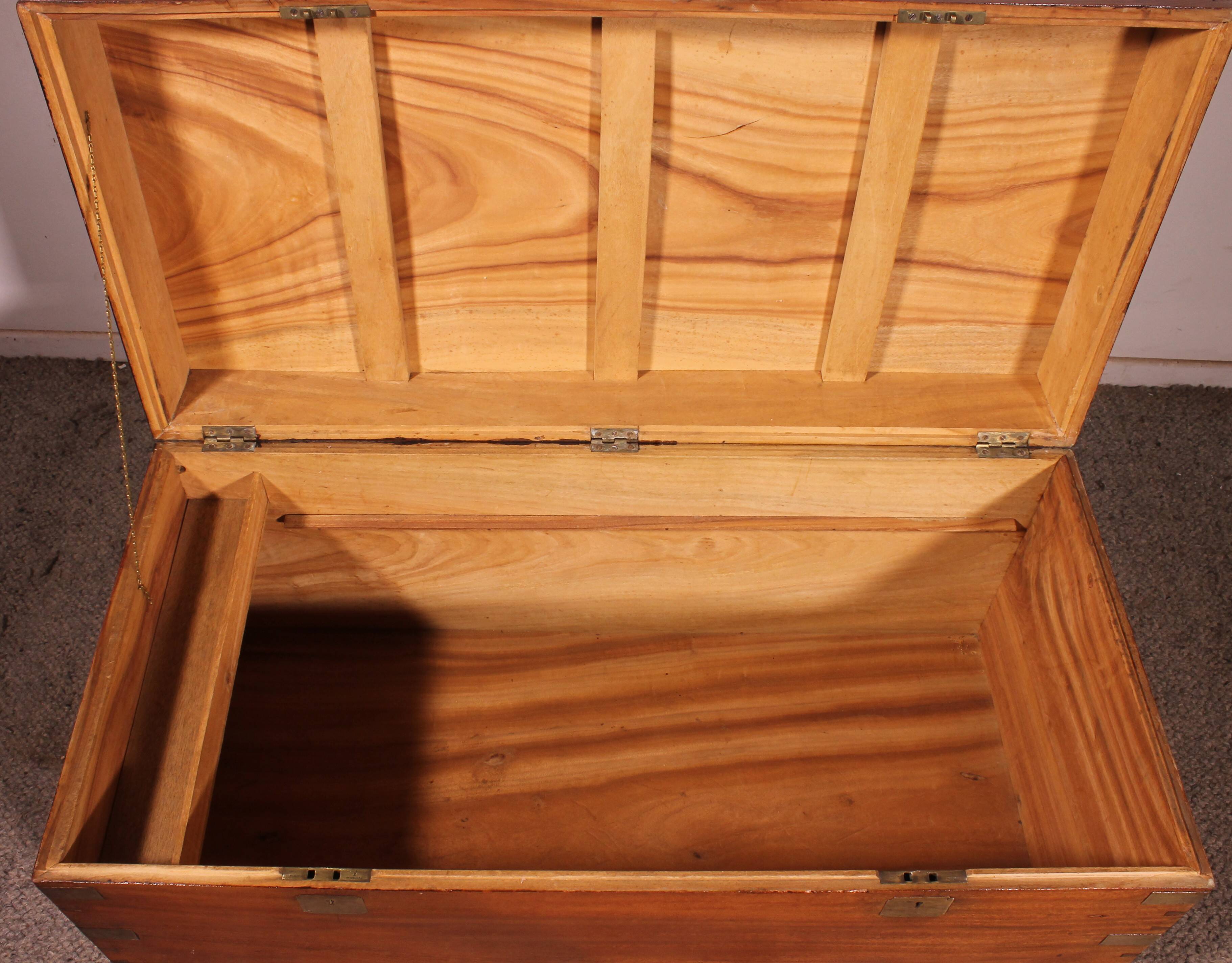 19th-century camphor wood marine chest with double locks and tray in