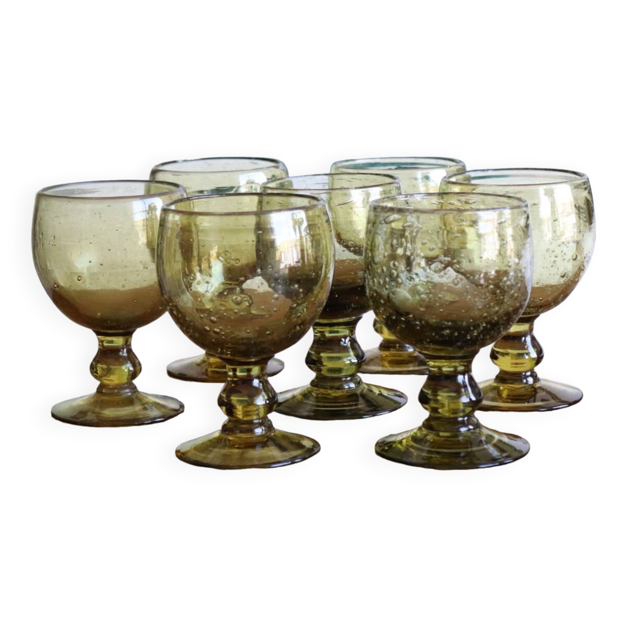 7 green biot stemmed glasses in bubbled glass
