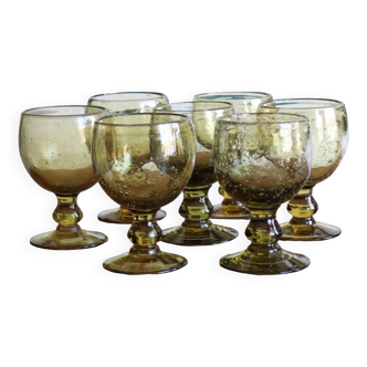 7 verres à pied biot vert en verre bullé