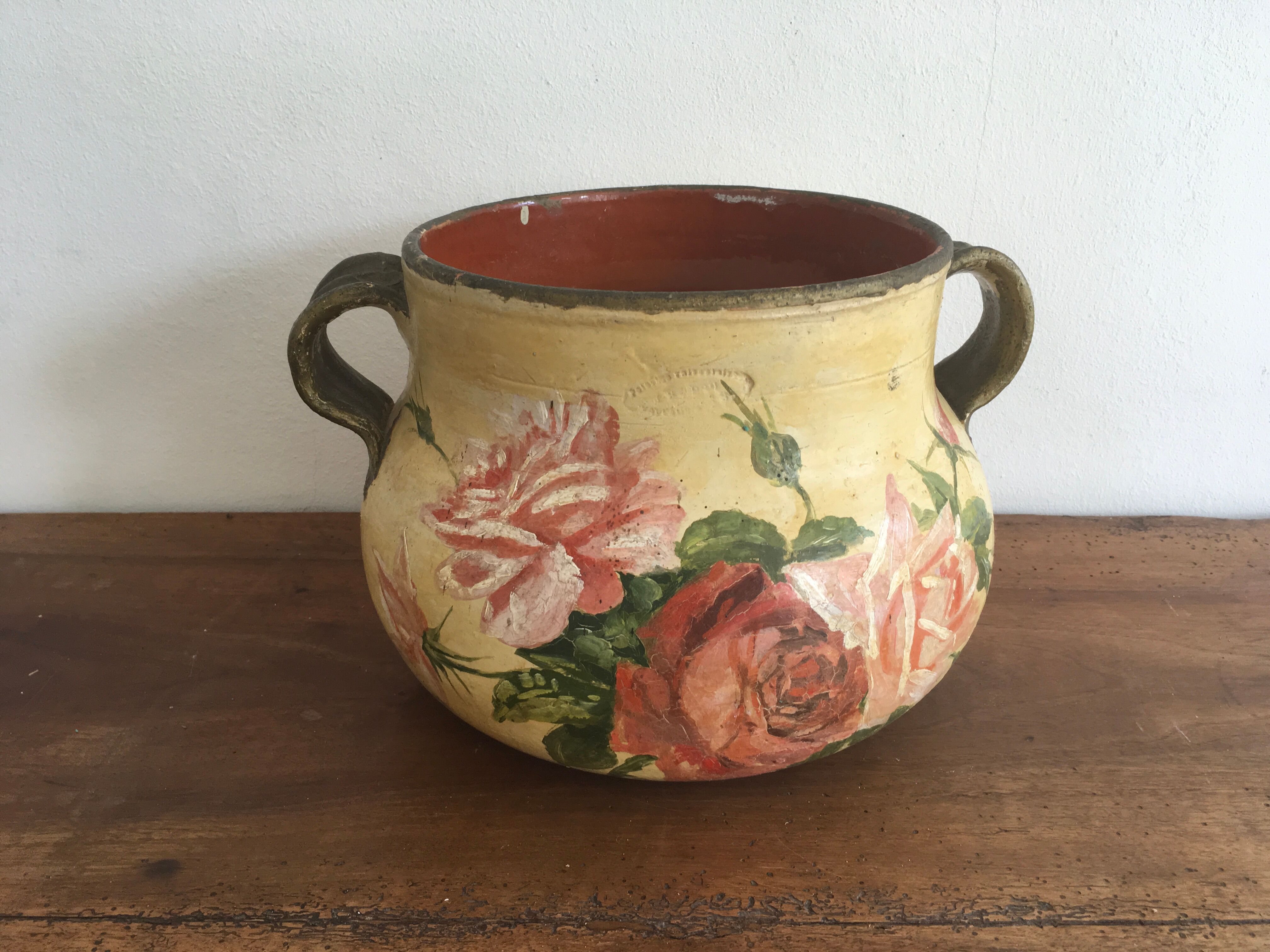 Old terracotta pot painted 50s - floral pattern