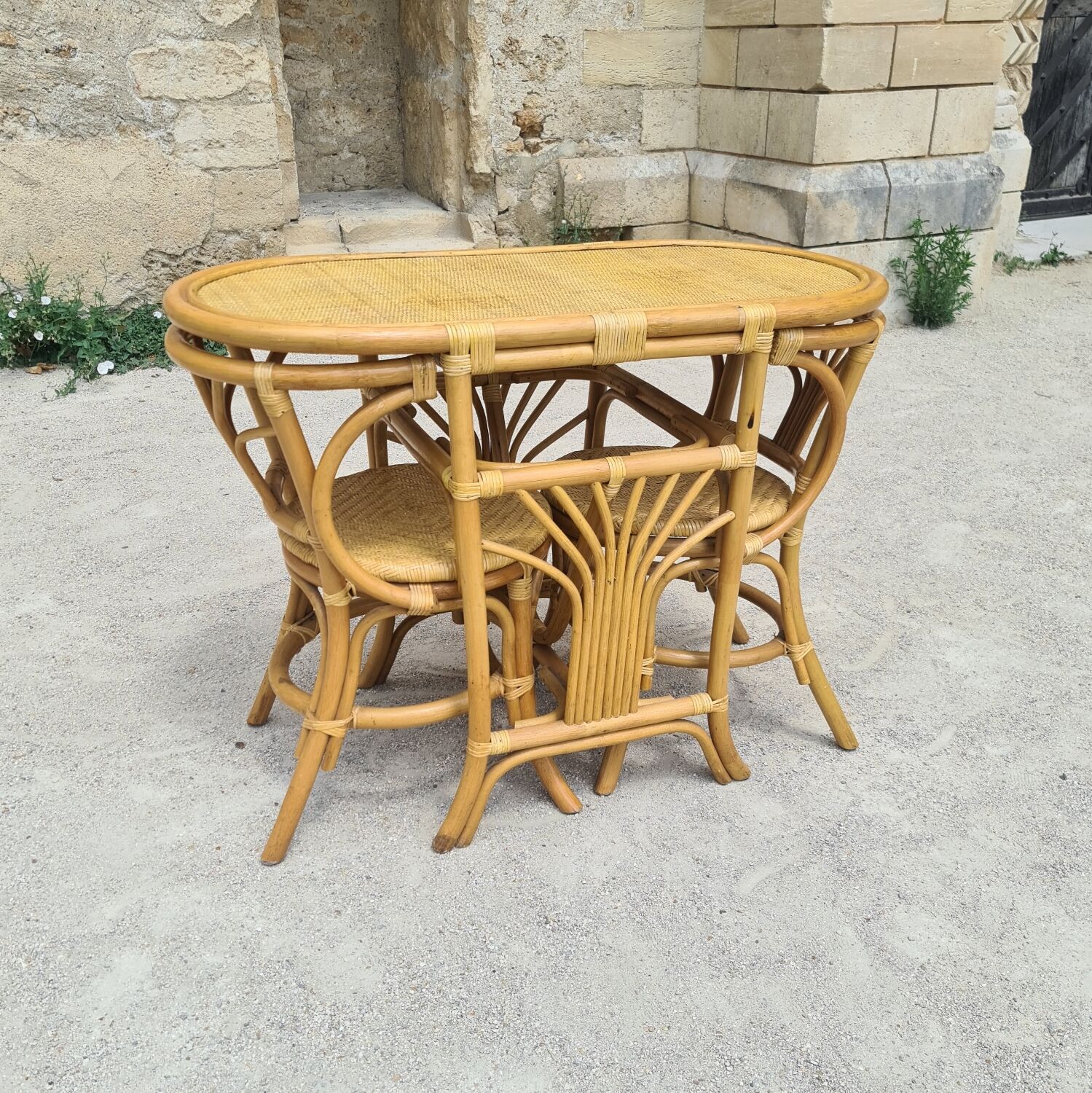 Table and chairs bistrot head to head rattan bamboo 1970