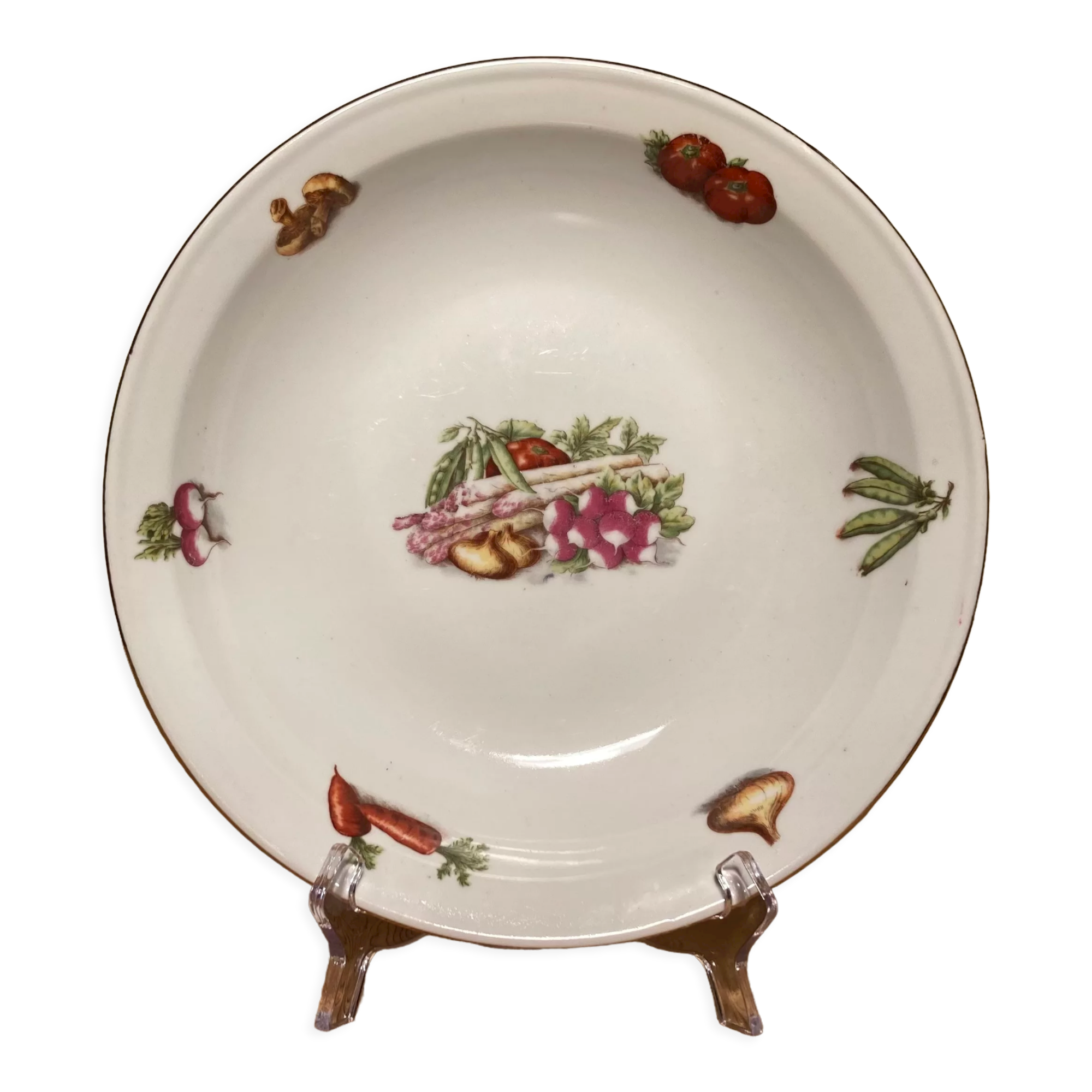 Plat creux porcelaine à feu décor légumes liseré doré - années 60
