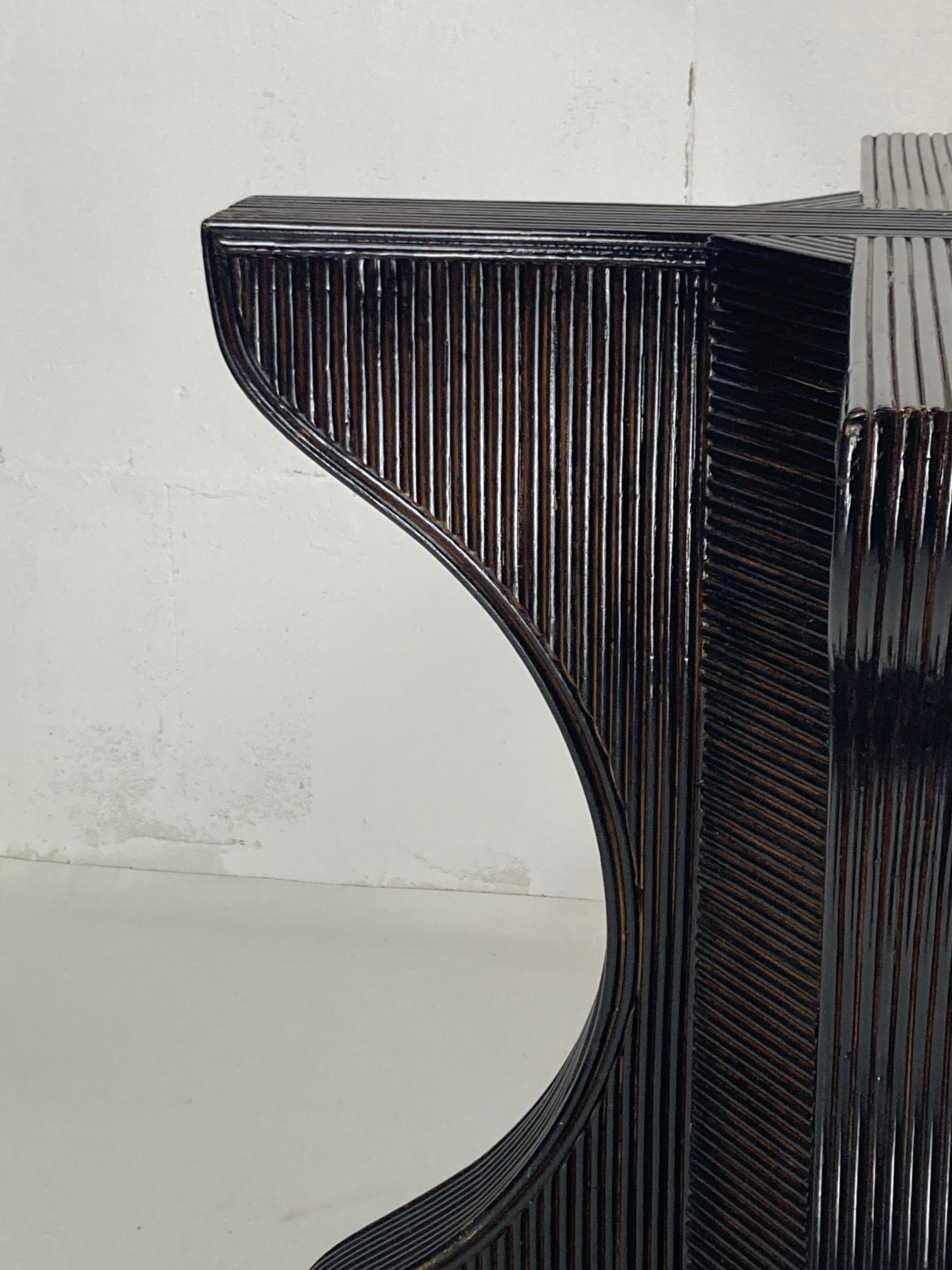 Pencil reed rattan bamboo dining or side table base with smoked glass top, 1970s