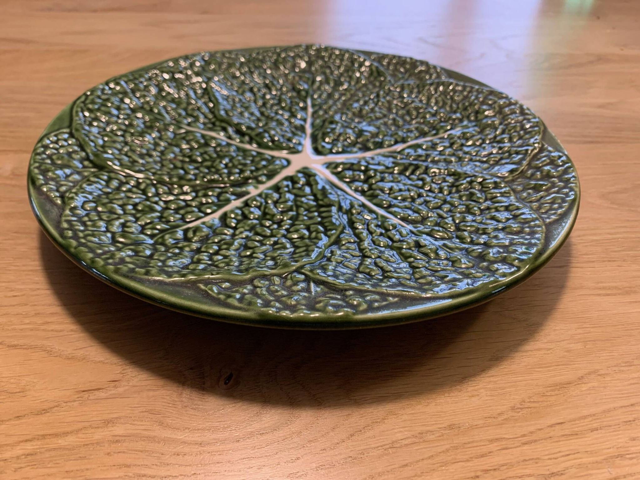 Vintage barbotine dish in the shape of a green cabbage leaf, Portugal
