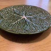 Vintage barbotine dish in the shape of a green cabbage leaf, Portugal