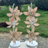 Pair of 70s floor lamps in lacquered metal flowers in glass and gilded metal