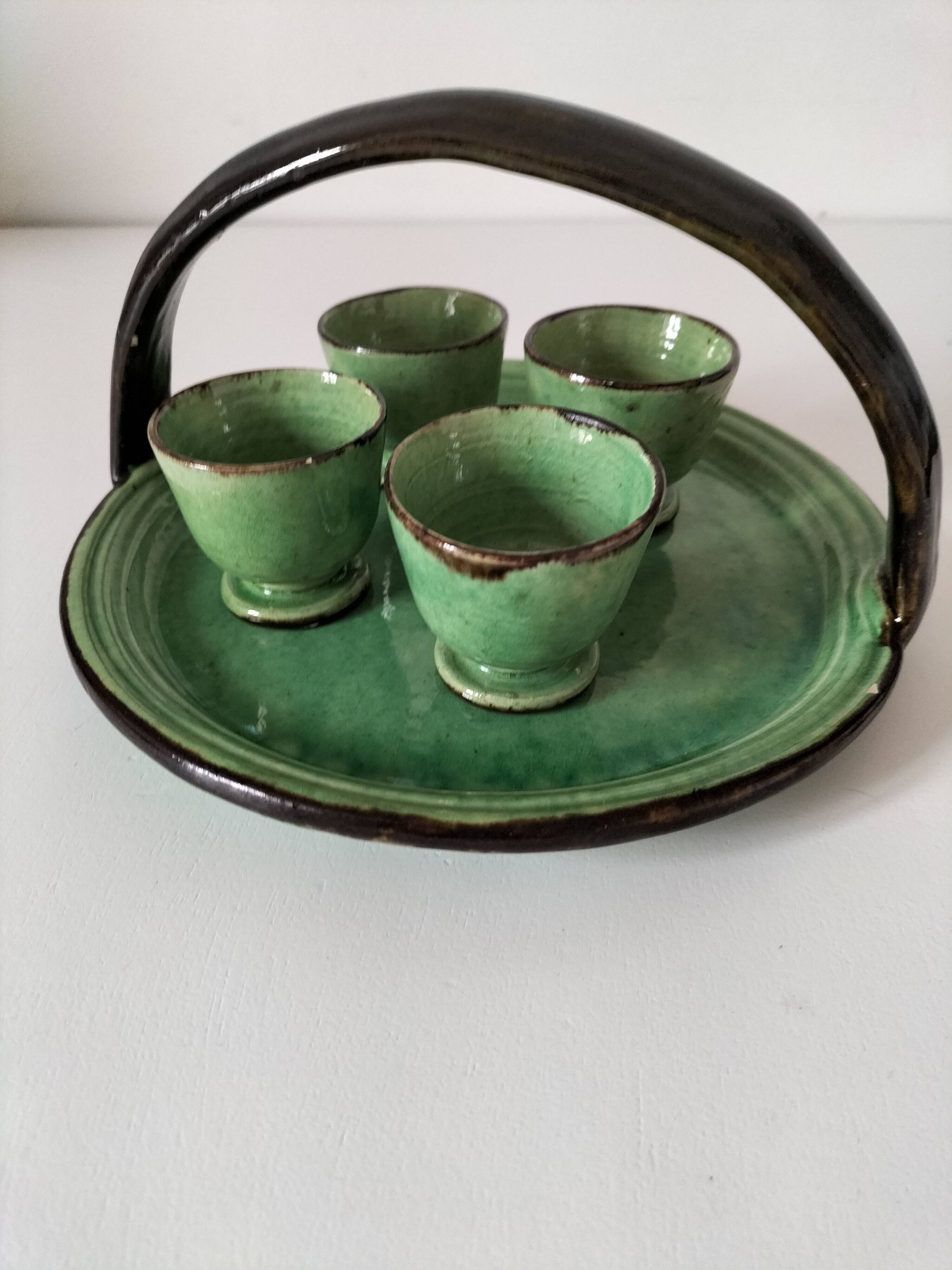 Plateau and its 4 ceramic workshop bowls - green Geneva