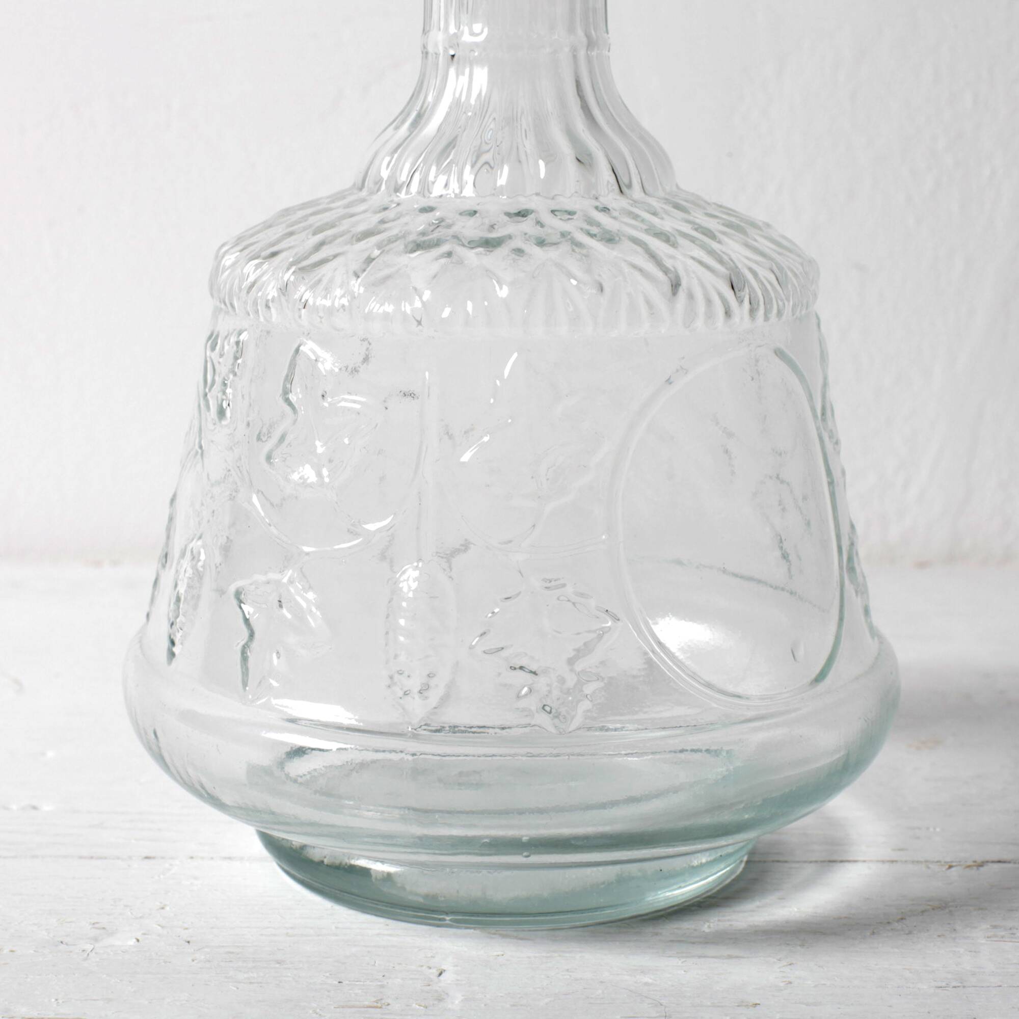 Clear Pressed Glass Floral Patterned Wine Bottle with Stopper / Italy /1930