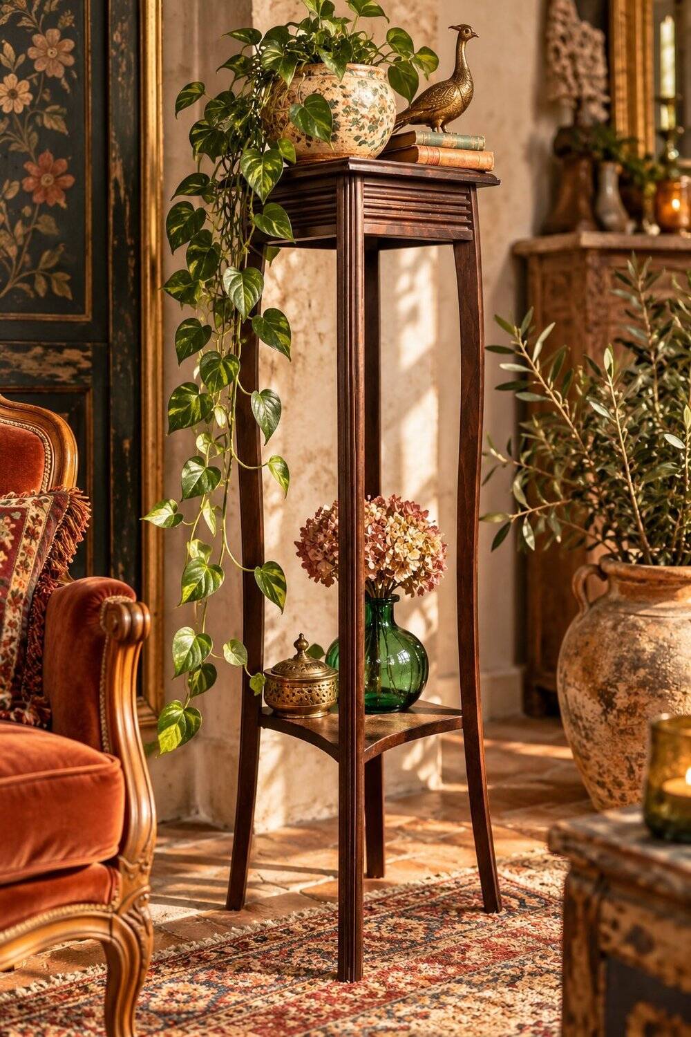 Two-tier plant stand in the English Arts & Crafts style circa 1900.