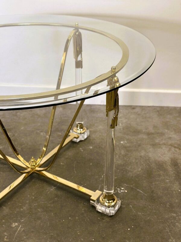 Table à manger en laiton et lucite avec plateau en verre biseauté, Italie années 1980.