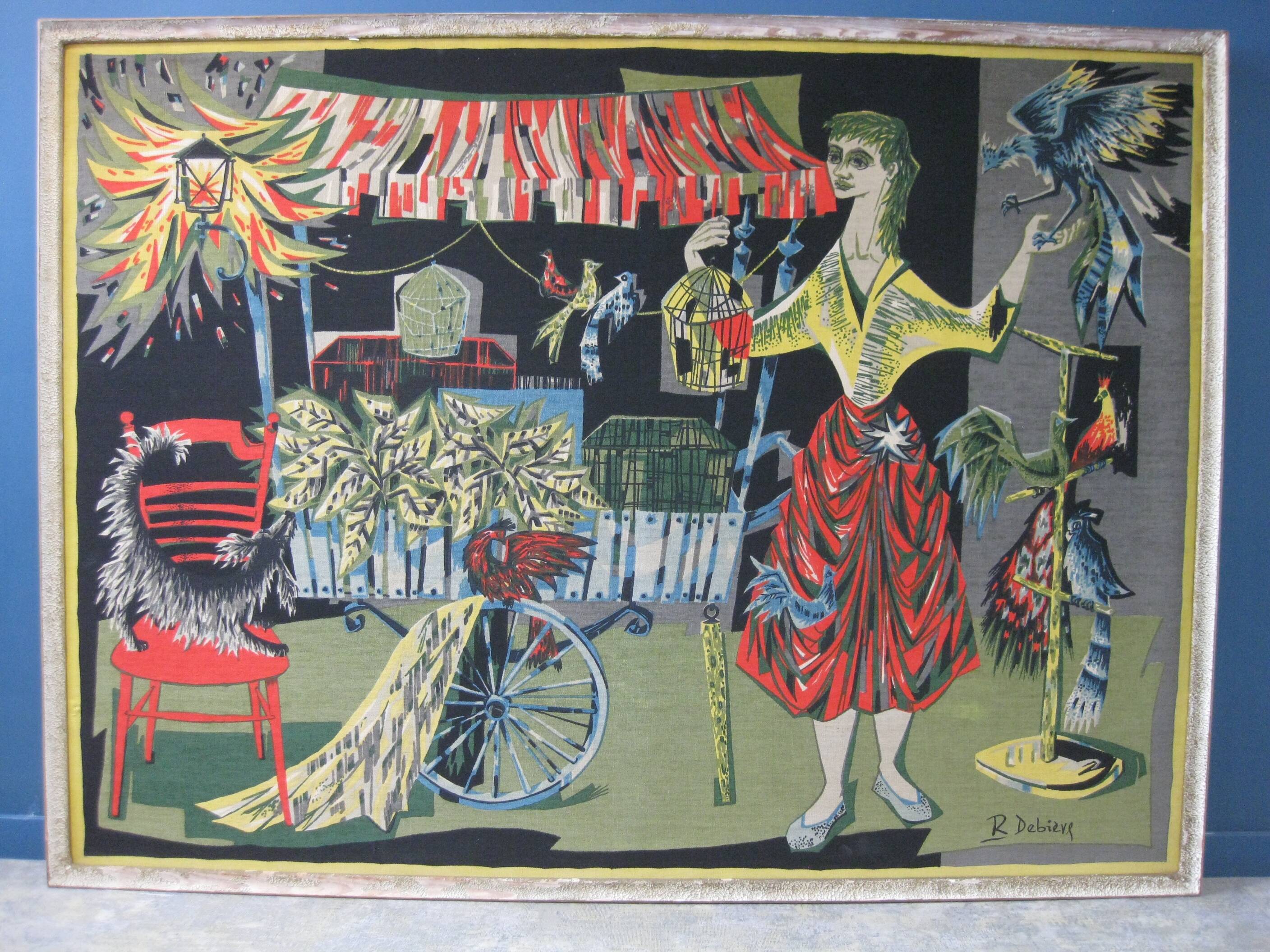 Vintage tapestry by Robert Debiève "The Bird Seller"