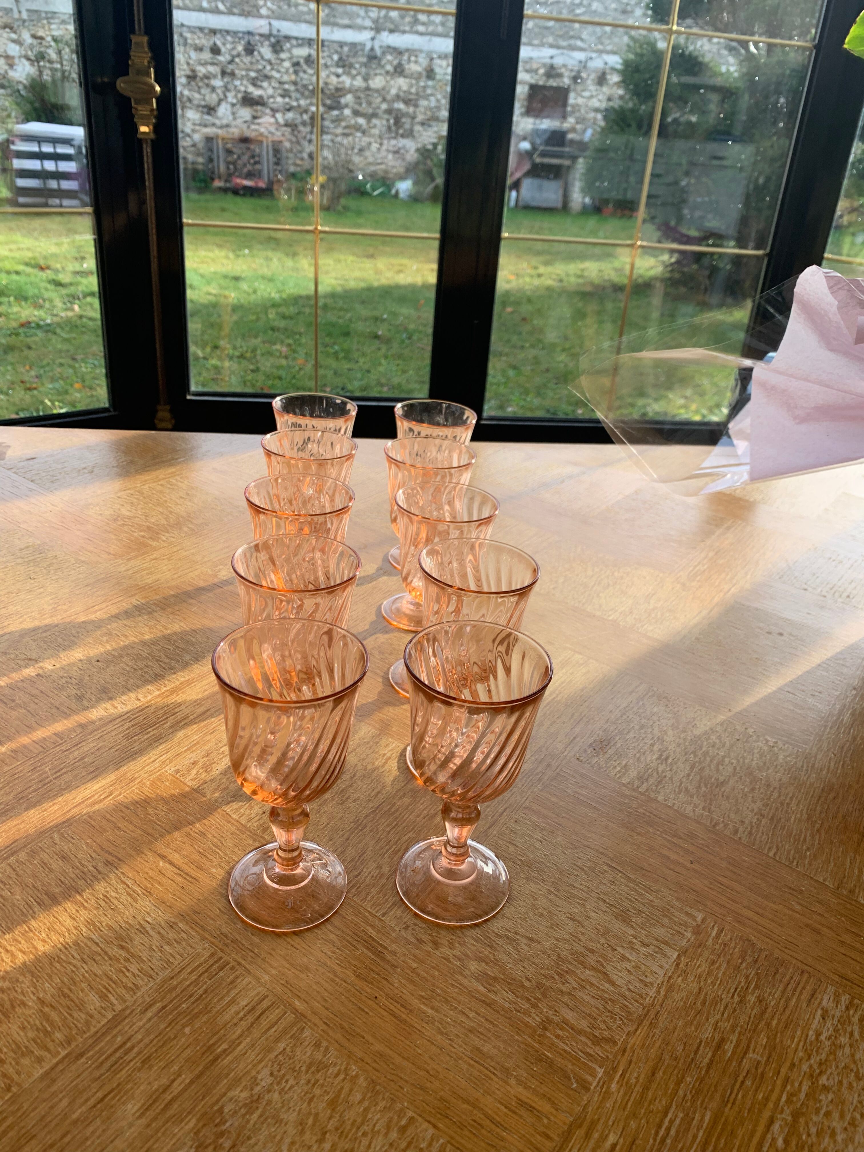 10 vintage rosaline pink glass wine glasses