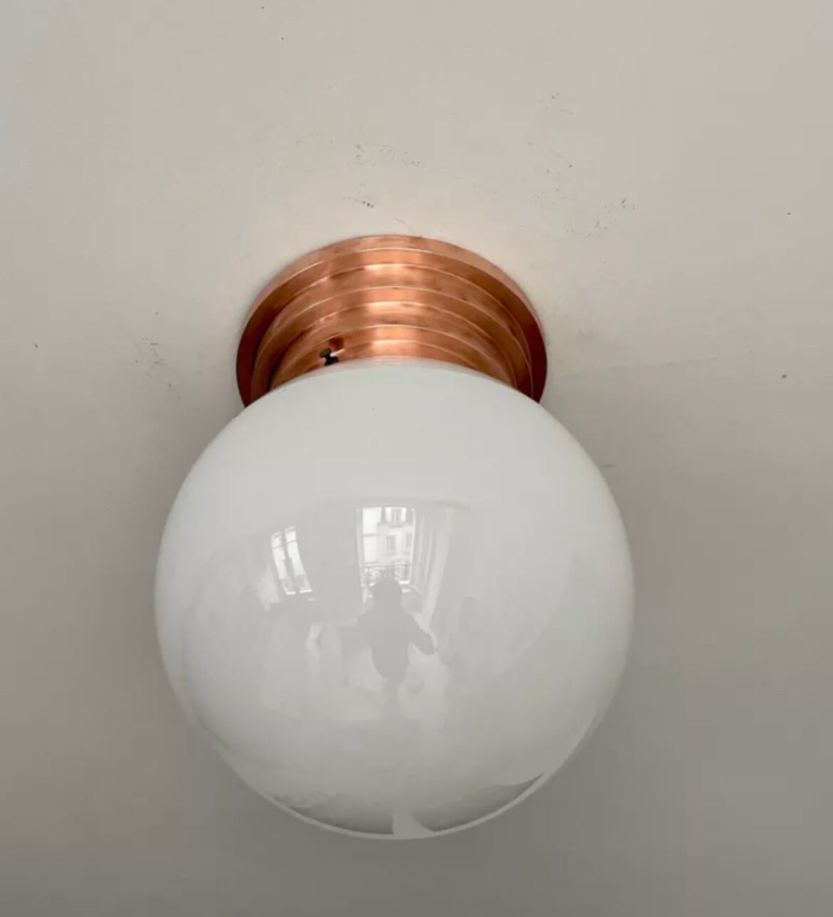 Vintage ceiling lamp, copper and art deco opaline, France 1930