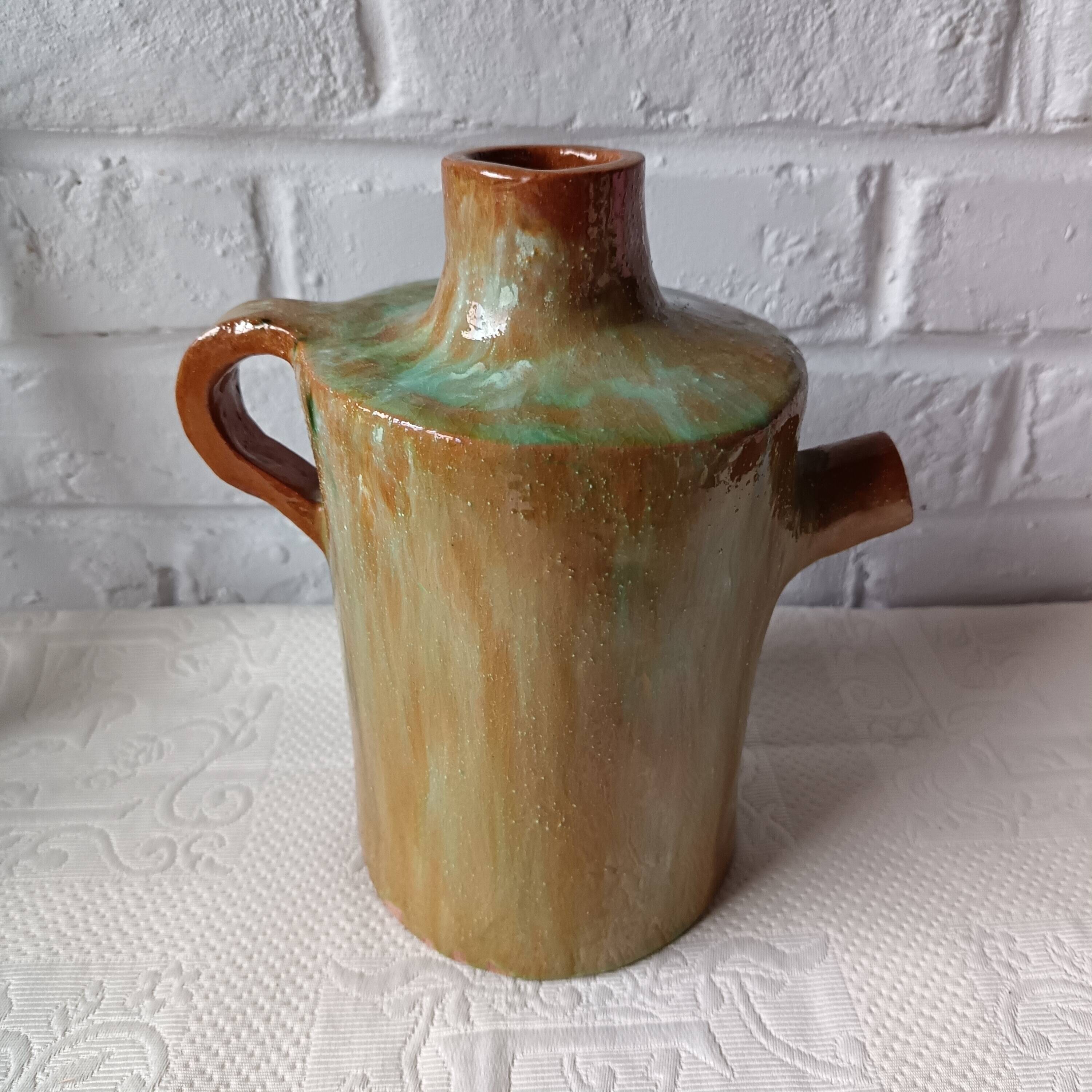 Vintage green enamelled handmade terracotta jar France