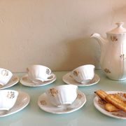 White porcelain coffee service with golden flowers / vintage 50s-60s