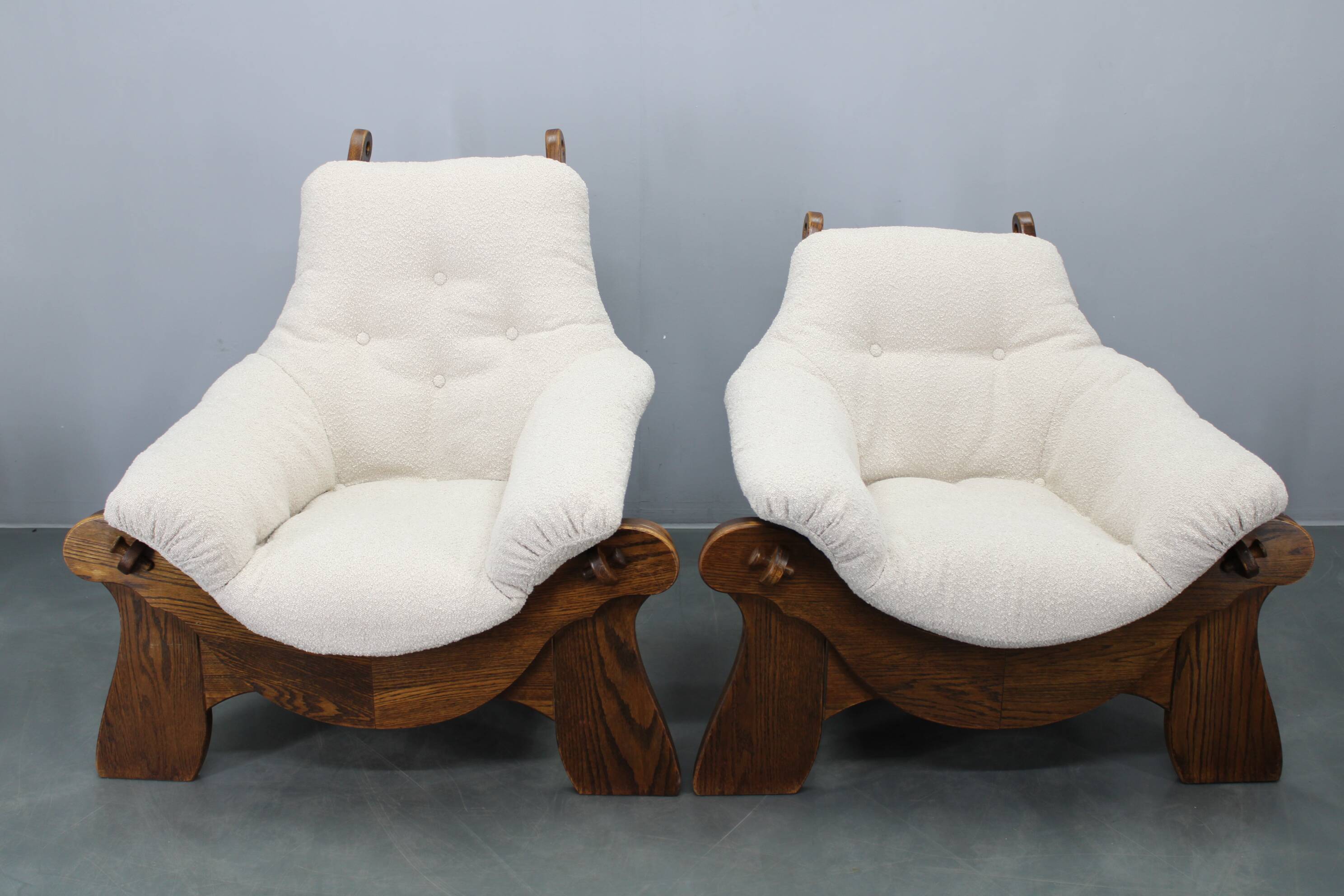 Pair of Brutalist oak armchairs, Czechoslovakia, 1970s