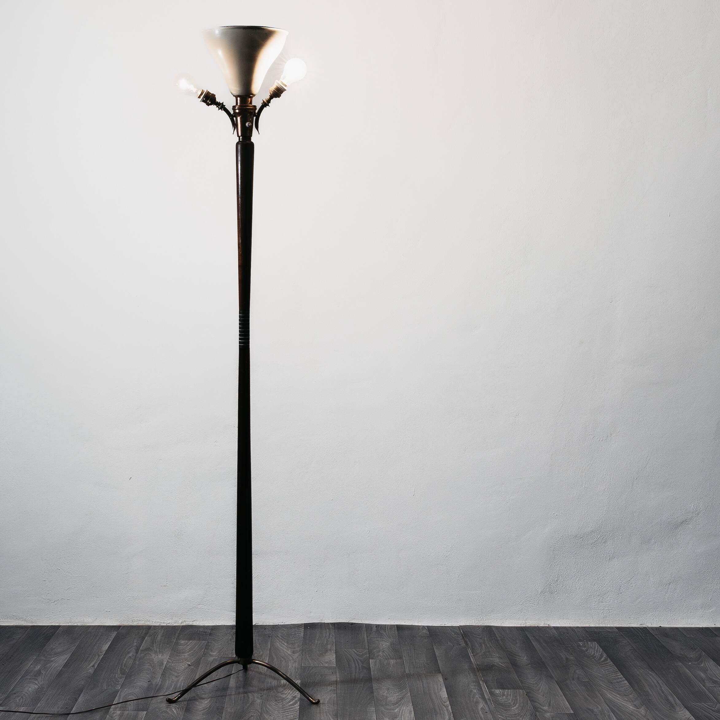 Tripod floor lamp 1950s wooden base