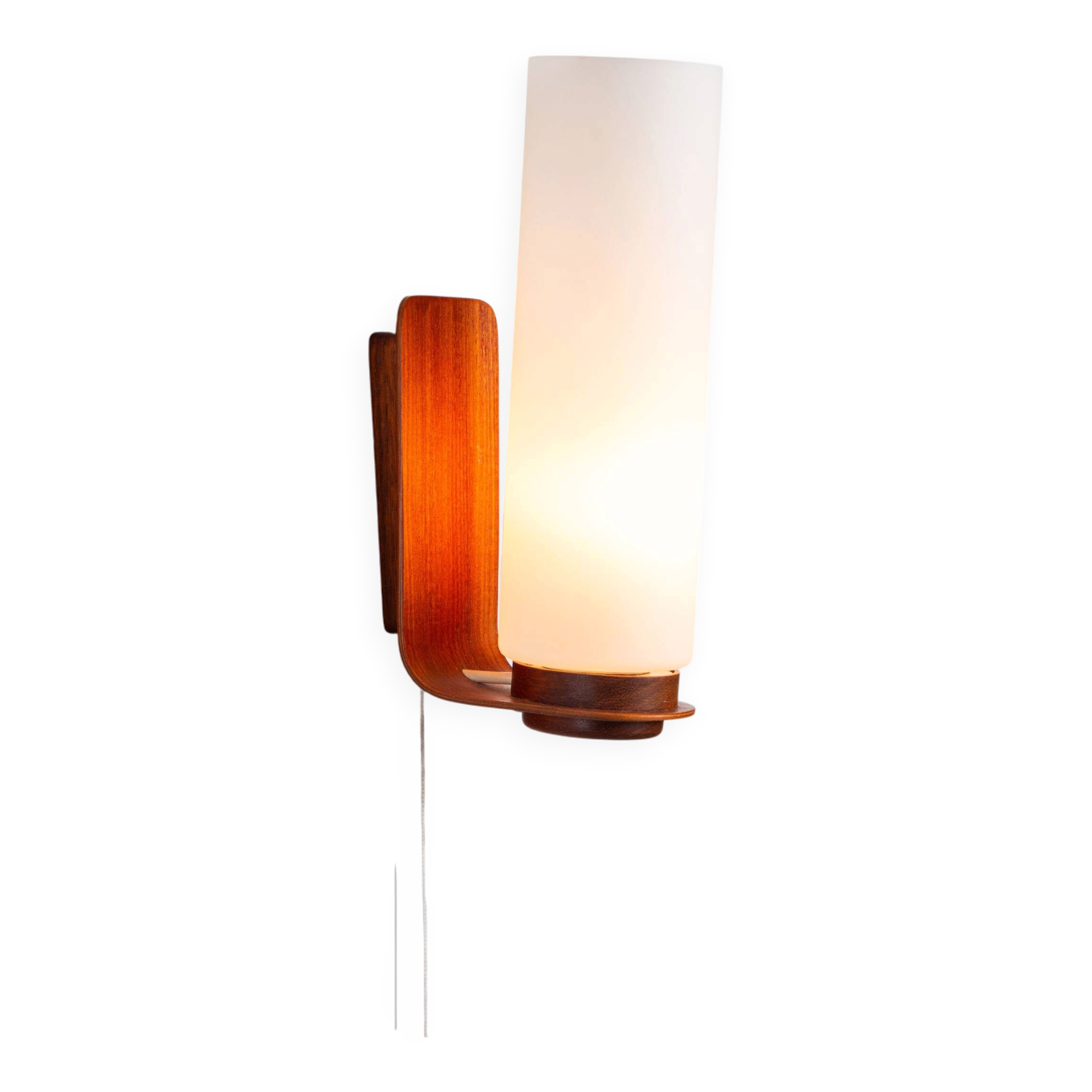 Cilindrical opal glass and bent wood wall lamp