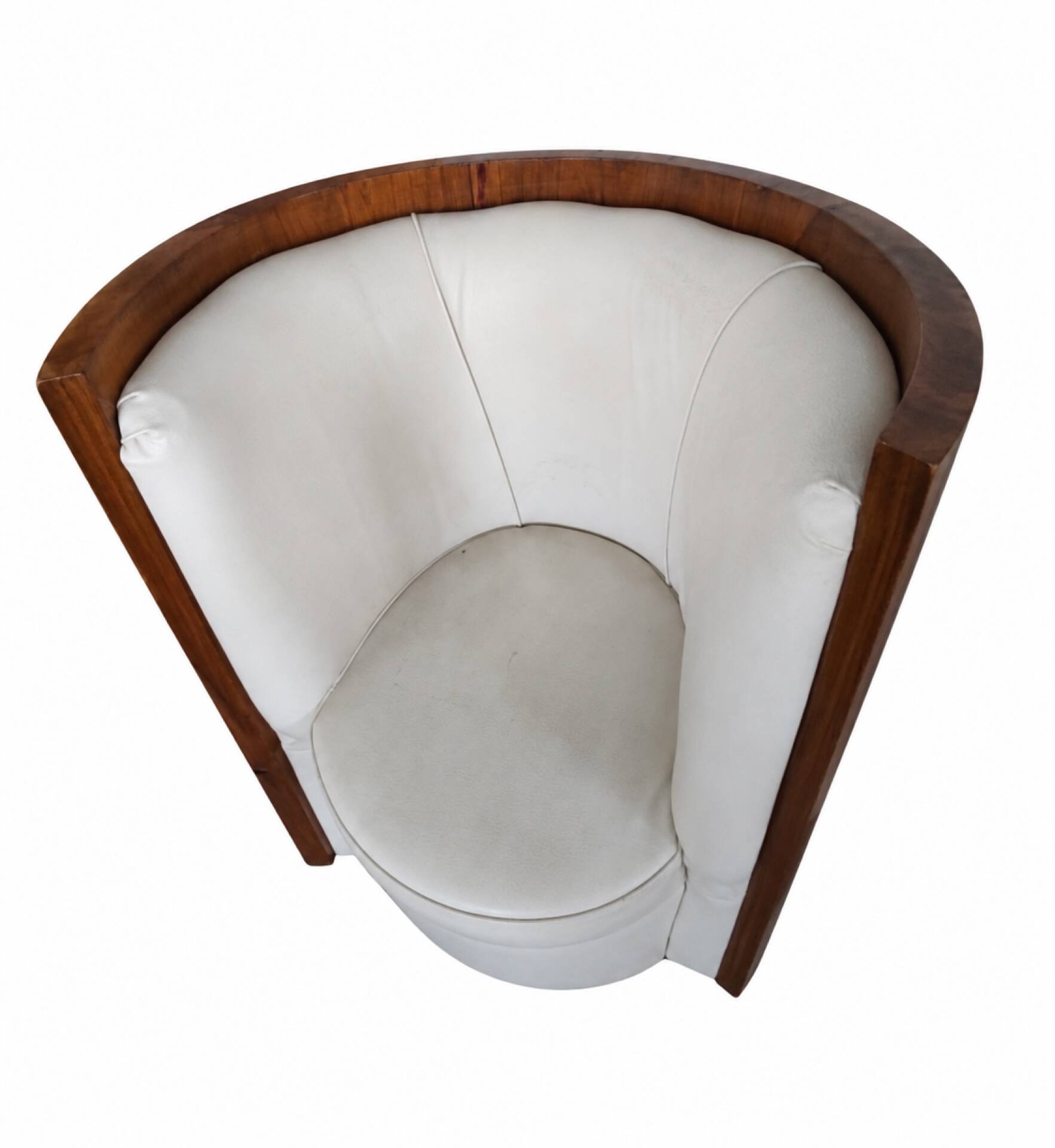 Pair of Art Deco armchairs in cream/white leather and burl veneer.