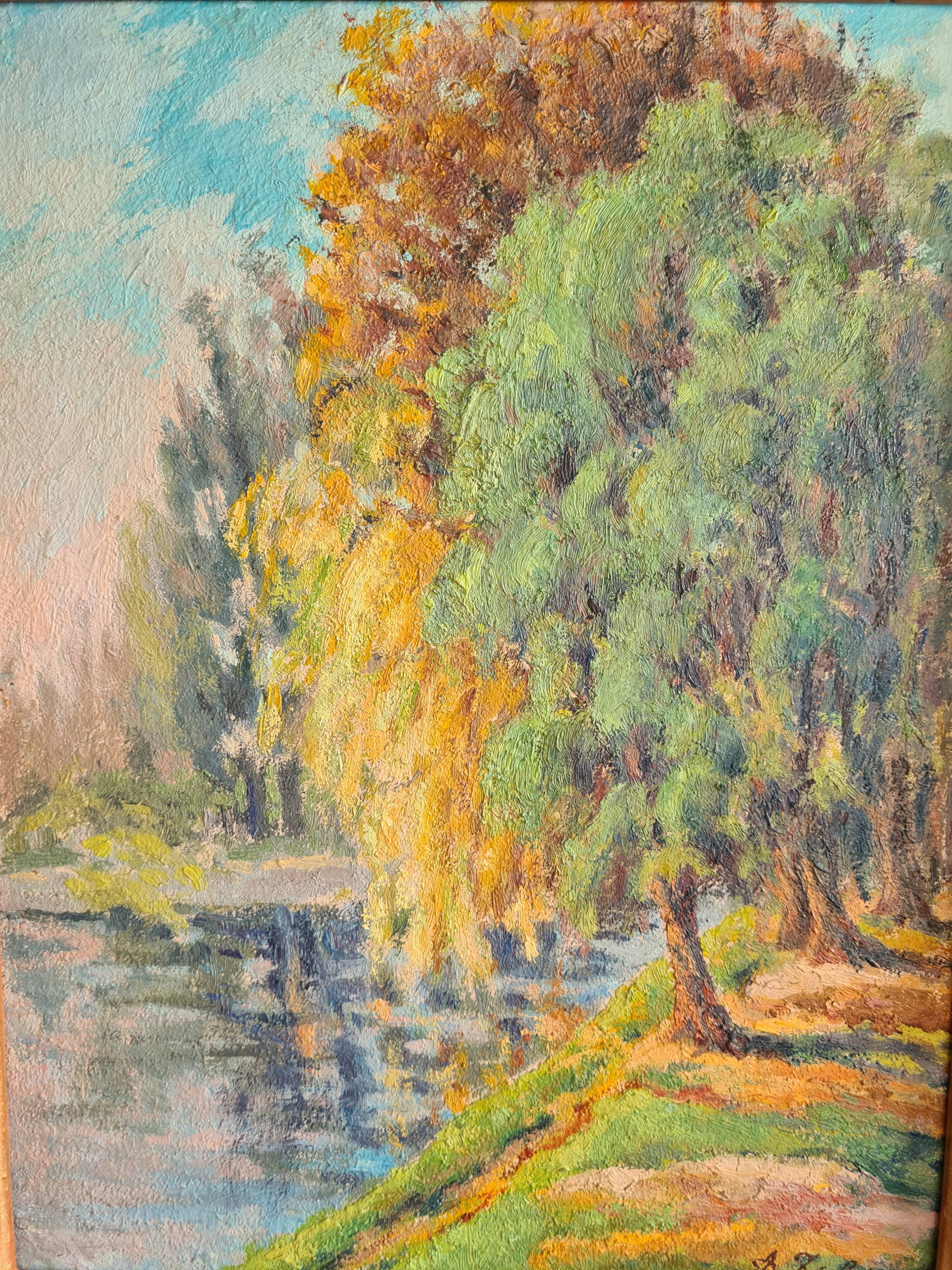 Trees on the Bank - post-impressionist oil on panel