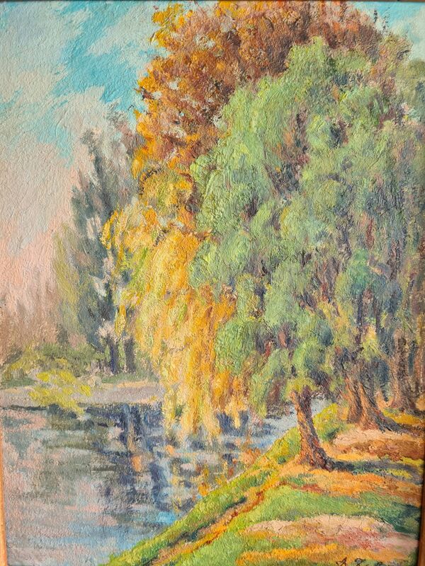 Les arbres sur la berge - huile sur panneau post-impressionniste