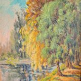 Les arbres sur la berge - huile sur panneau post-impressionniste
