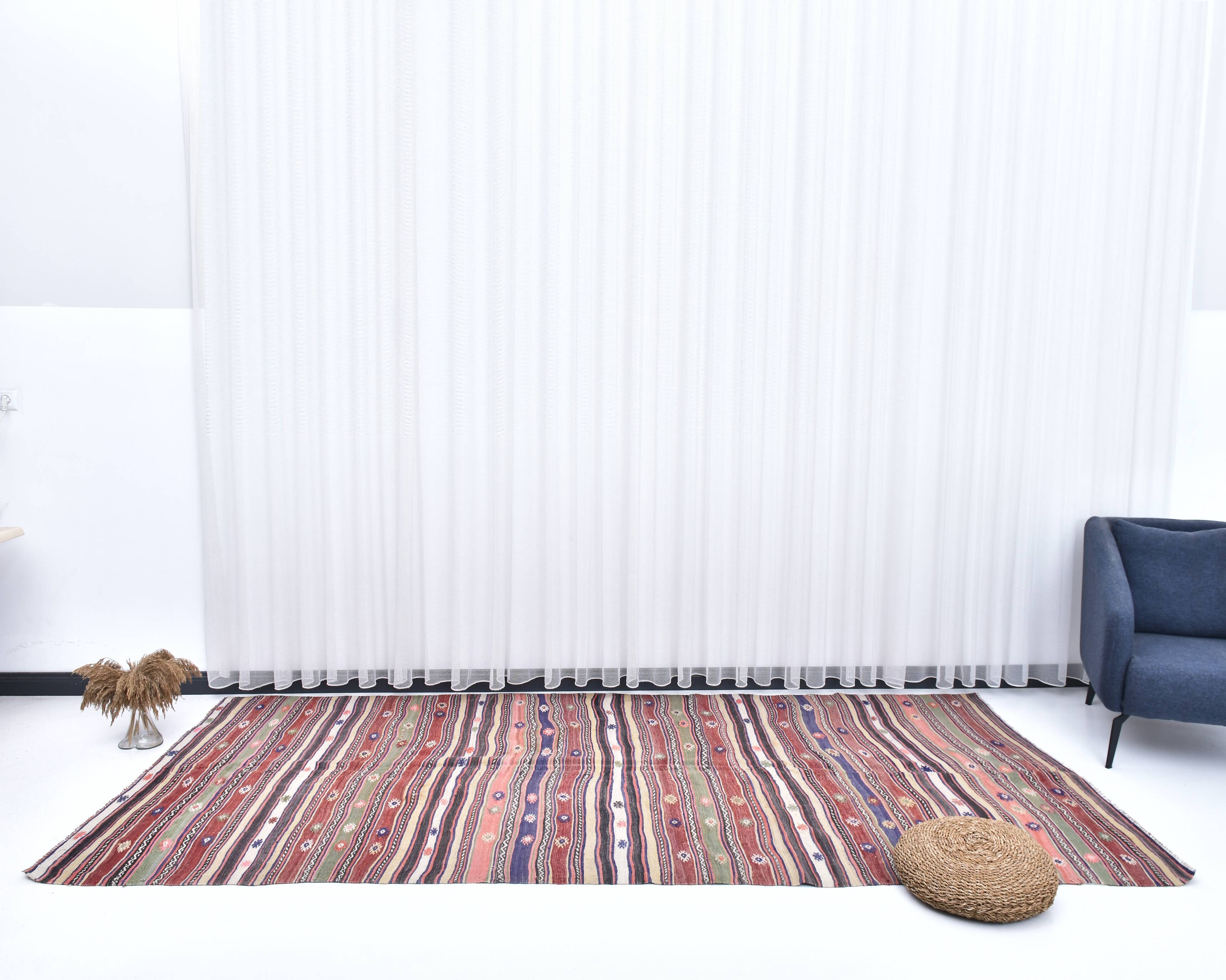 5x11 Red Blue Vintage Kilim Rug 149x326Cm