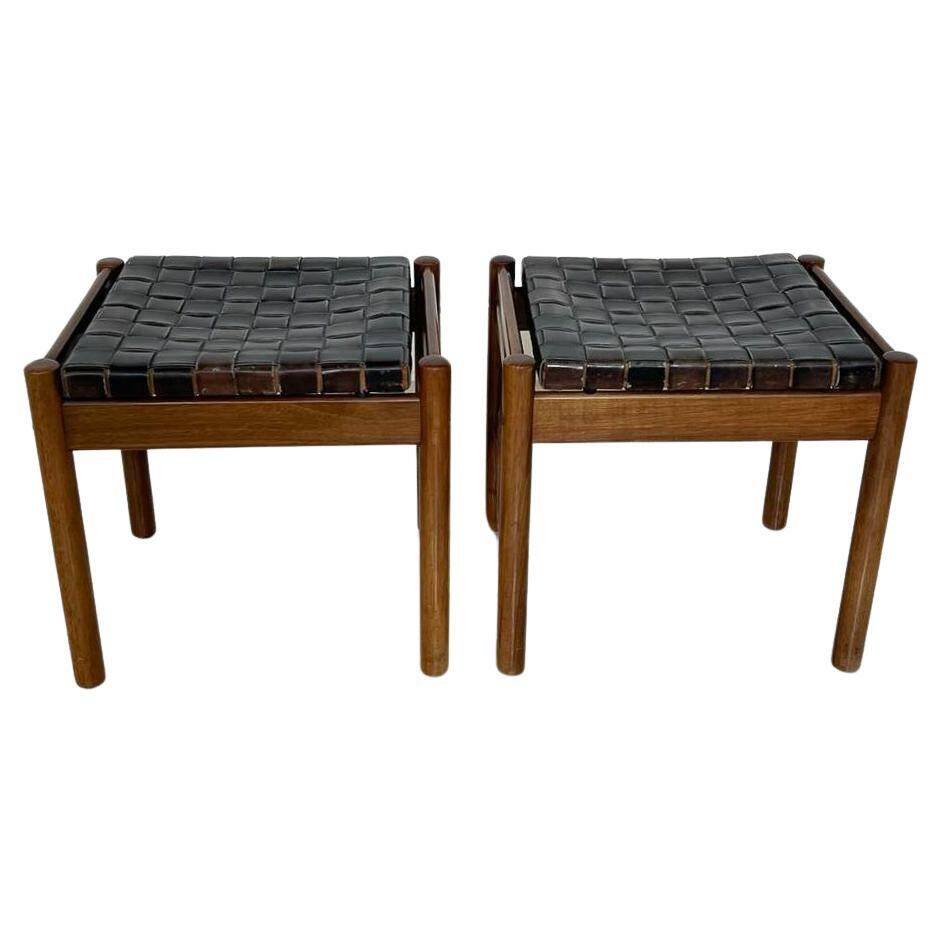 Mid-Century Modern Brown Leather and Wood Pair of Stools
