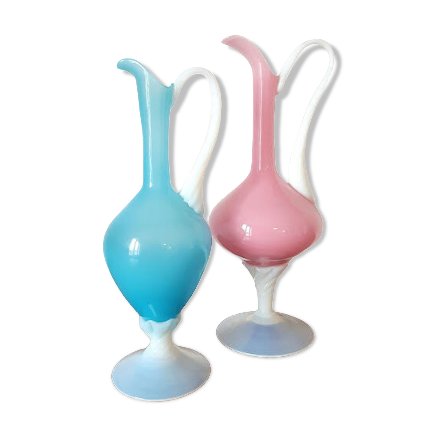 Pair of ewers in pink and blue opaline