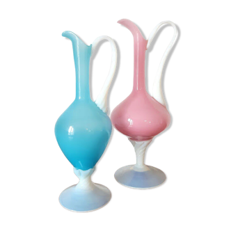 Pair of ewers in pink and blue opaline