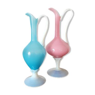 Pair of ewers in pink and blue opaline