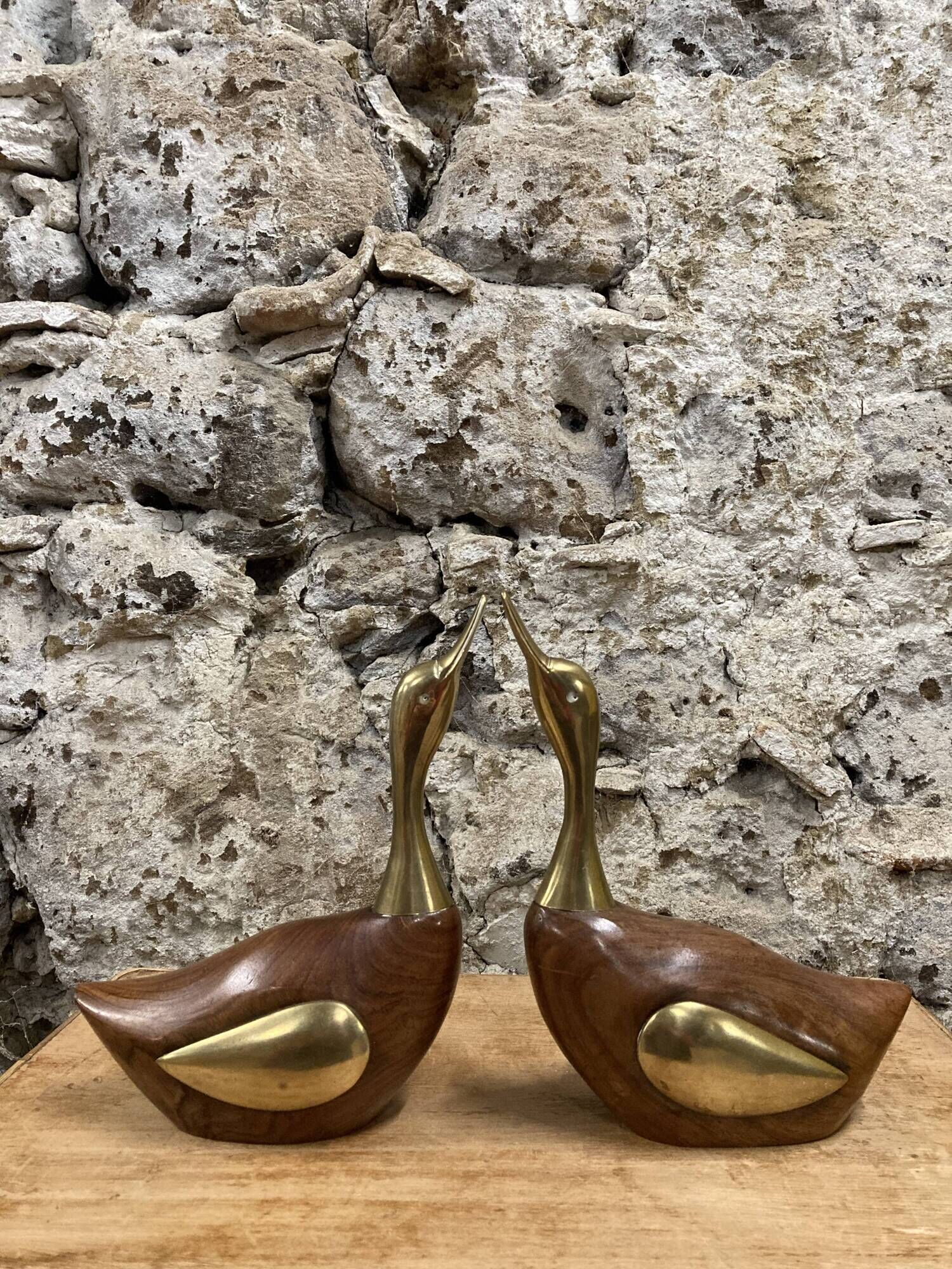 Pair of duck or swan in wood and brass sculpture