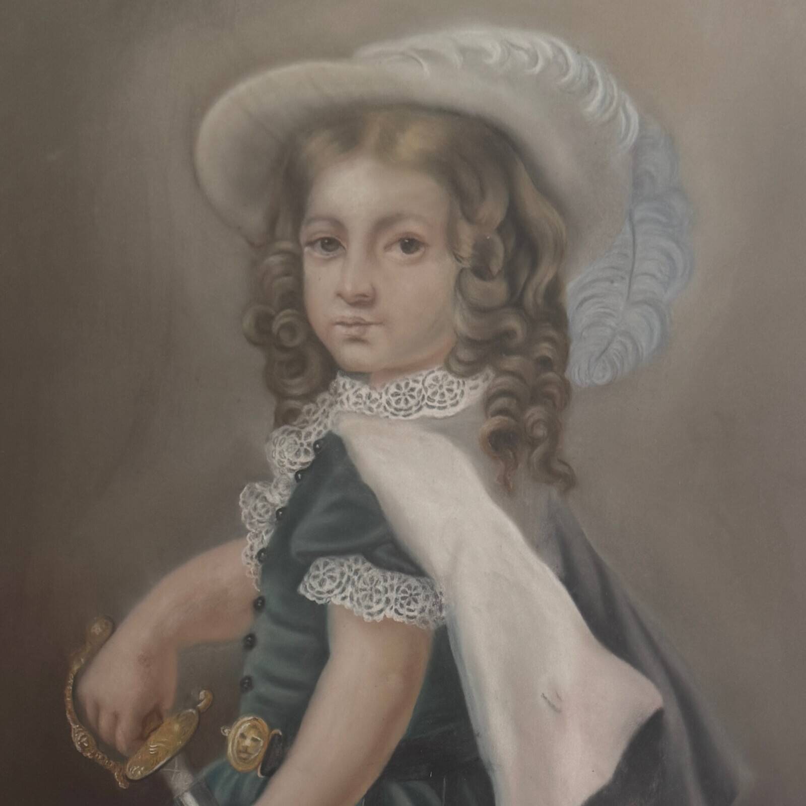 Watercolor on paper portrait of a young girl with a sword 19th century