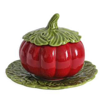 Saucière or sugar tomato on vintage slip leaf plate