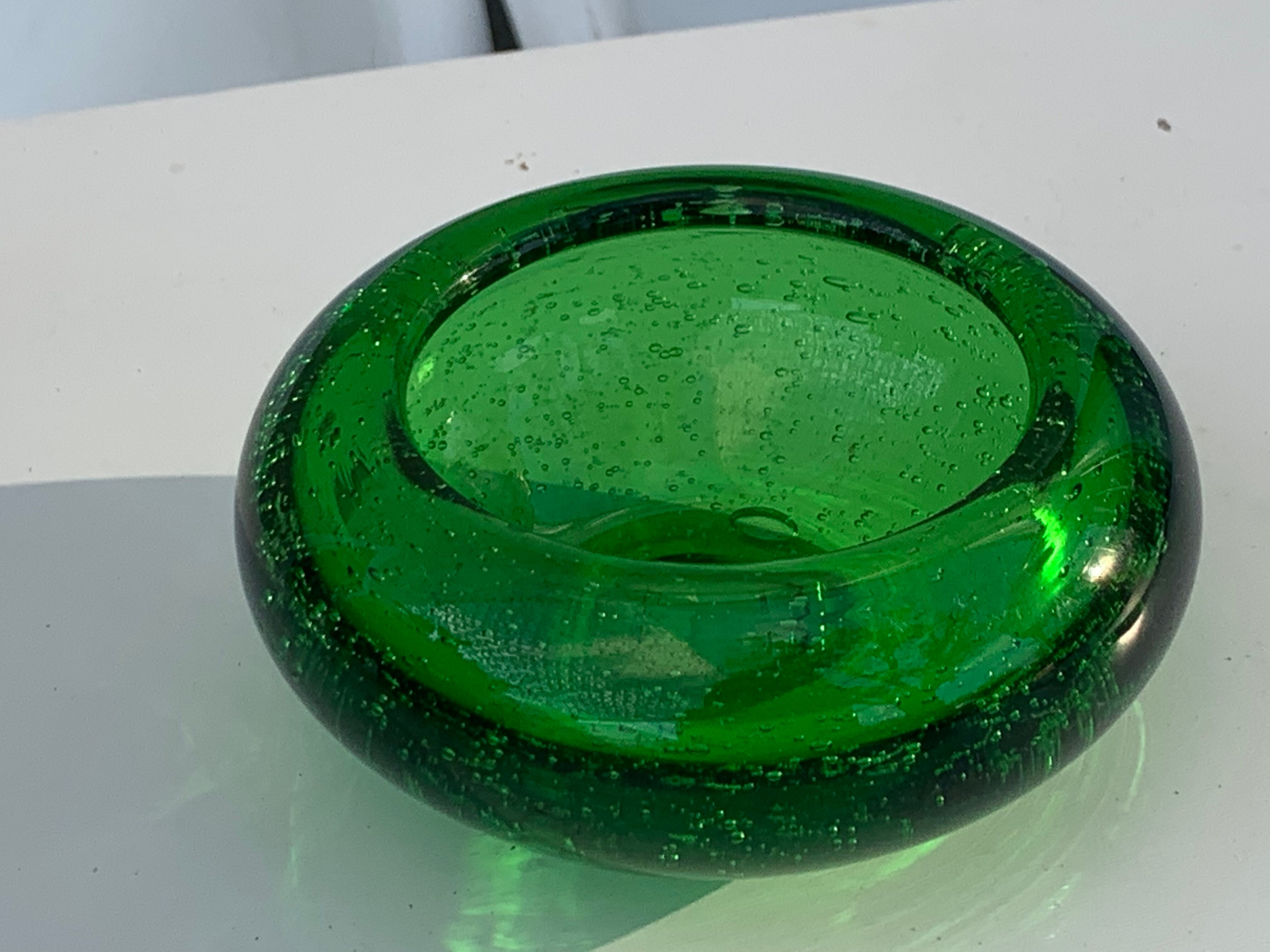 Organic glassware ashtray in signed and vintage green blown glass