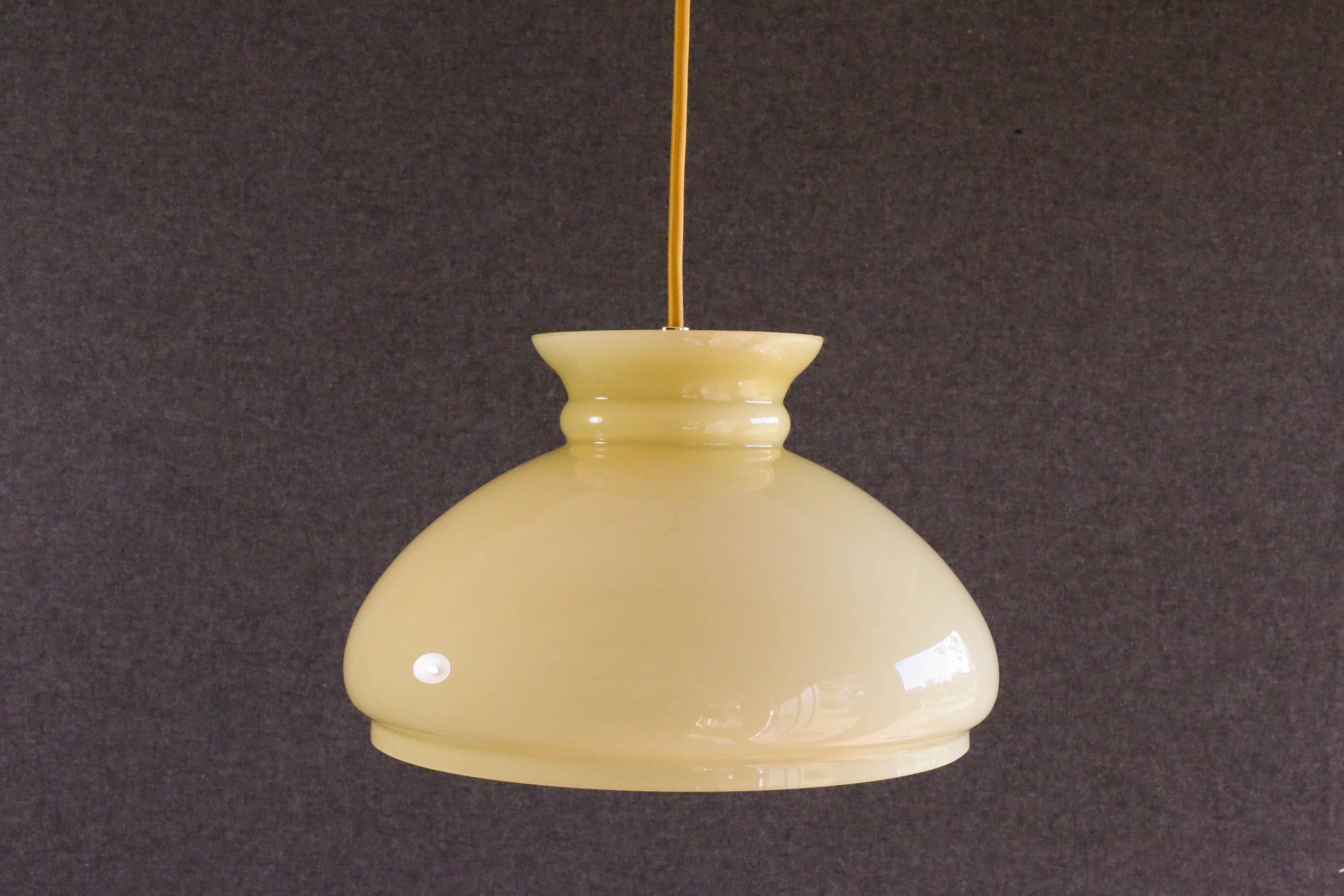 Old pendant light in pale young glass - mounted with cable and new socket