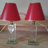 Pair of transparent glass bedside lamp bases - rectangular hologram lamp