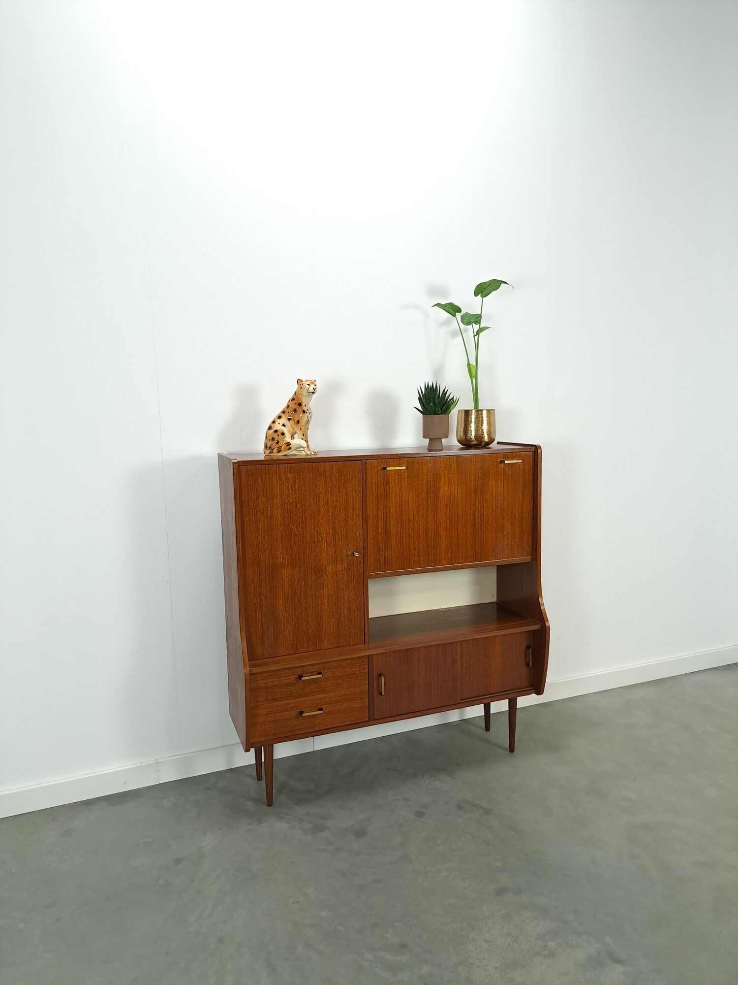 Teak veneer wall cabinet with flap, bar cabinet vintage